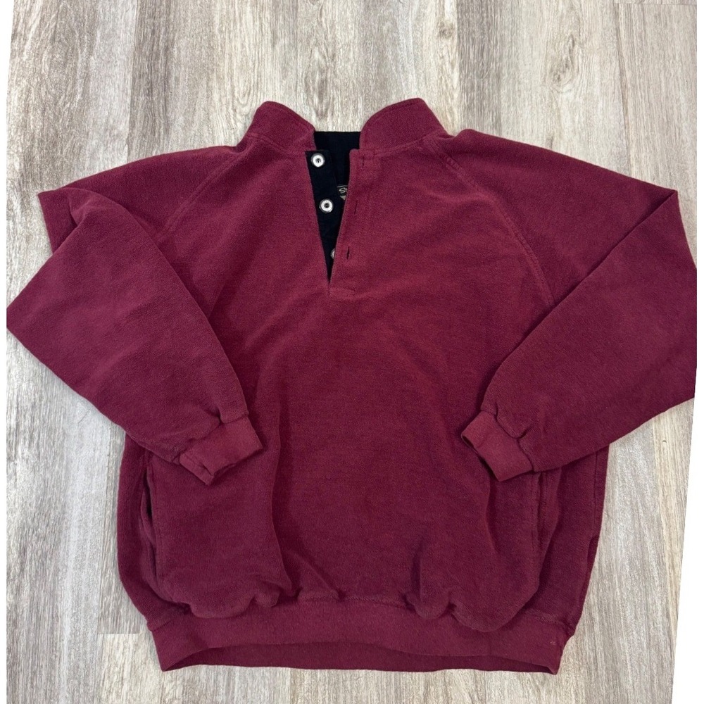 Straight Down Fleece Pullover Sweater Men's XL Burgundy Snap Neck Made in USA‎